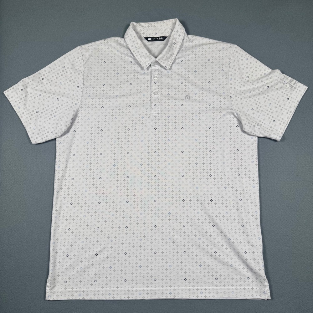 TravisMathew Mens XL White Geometric Print Short Sleeve Golf Polo Shirt